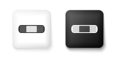 Beyaz arkaplanda siyah beyaz bandaj simgesi var. Tıbbi alçı, yapıştırıcı bandaj, esnek kumaş bandajı. Kare düğmesi. Vektör