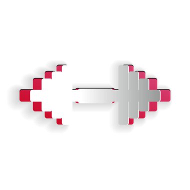 Kağıt kesiği Dumbbell simgesi beyaz arkaplanda izole edilmiş. Kas kaldırma ikonu, fitness halteri, beden eğitimi ikonu, spor malzemeleri sembolü, egzersiz bumbzili. Kağıt sanatı tarzı. Vektör