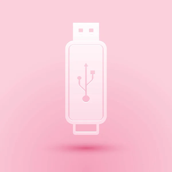 Icono de unidad flash USB de corte de papel aislado sobre fondo rosa. Estilo de arte de papel. Vector — Archivo Imágenes Vectoriales