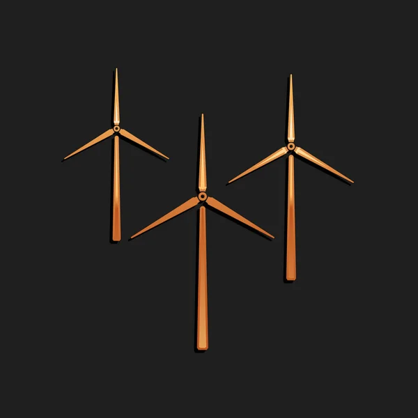 金色风力涡轮机图标隔离在黑色背景上.风力发电机的标志。风车的轮廓。用于发电的风车。长影子风格。B.病媒 — 图库矢量图片