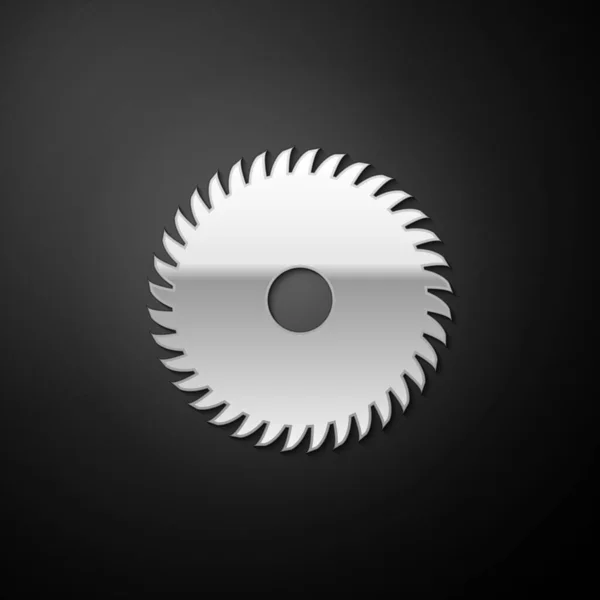 Zilveren cirkelzaagblad pictogram geïsoleerd op zwarte achtergrond. Zaagwiel. Lange schaduw stijl. Vector — Stockvector