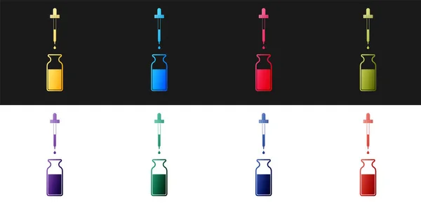 Set Glazen fles met een pipet. Flacon met een pipet binnenkant en deksel pictogram geïsoleerd op zwart-witte achtergrond. Container voor medische en cosmetische producten. Vector — Stockvector