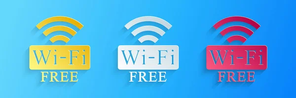 Paper cut Free Wi-fi icon isolated on blue background. Wi-fi symbol. Wireless Network icon. Wi-fi zone. Paper art style. Vector — Stock Vector