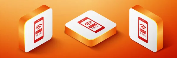 Isométrico Smartphone con conexión inalámbrica wi-fi gratuita icono aislado sobre fondo naranja. Tecnología inalámbrica, red inalámbrica, concepto de hotspot. Botón cuadrado naranja. Vector — Archivo Imágenes Vectoriales
