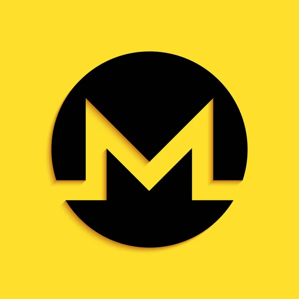 Иконка черной криптовалюты Monero XMR выделена на желтом фоне. Цифровая валюта Символ Altcoin. Безопасная криптовалюта на основе блокчейна. Длинный стиль тени. Вектор — стоковый вектор