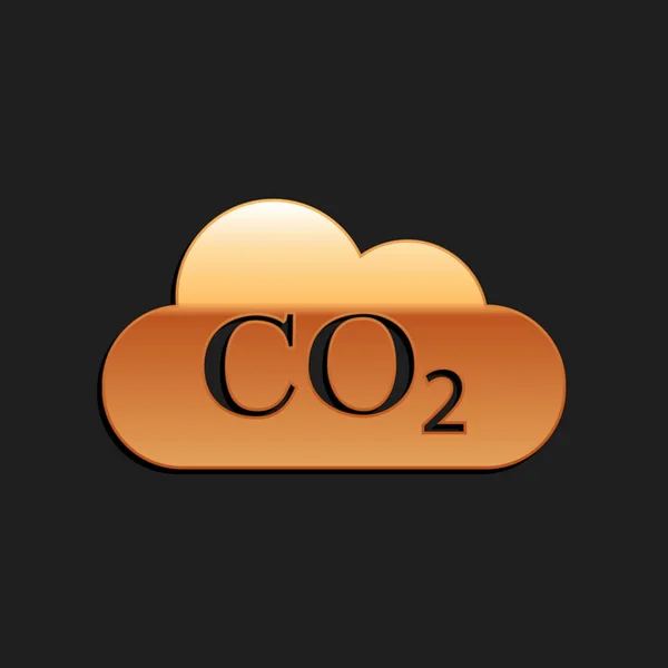 Gold CO2 emissions in cloud icon isolated on black background. Carbon dioxide formula symbol, smog pollution concept, environment, combustion products. Long shadow style. Vector — Stock Vector