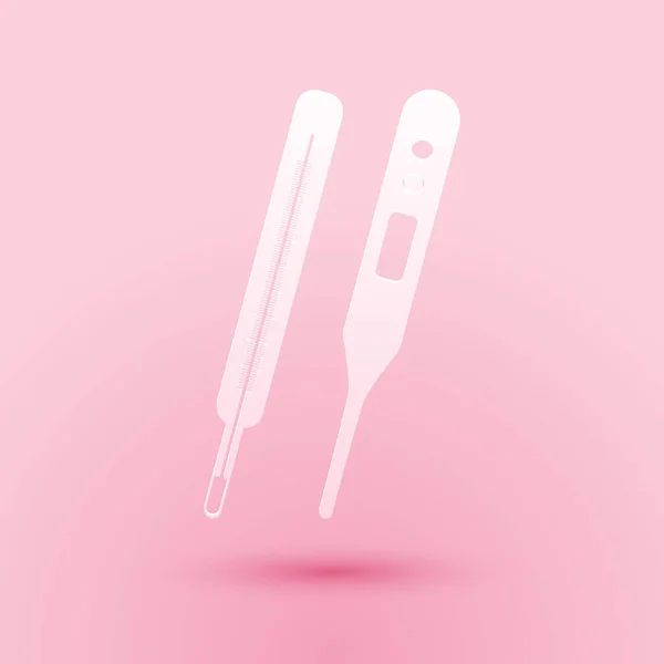 Taglio carta Termometro medico classico e termometro digitale per l'icona dell'esame medico isolato su sfondo rosa. Stile cartaceo. Vettore — Vettoriale Stock
