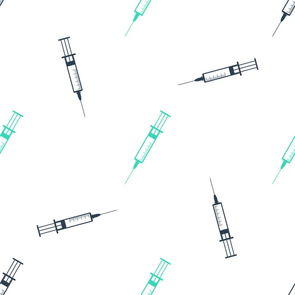 緑色のシリンジアイコンは、白の背景にシームレスなパターンを分離しました。ワクチン、予防接種、注射、インフルエンザの注射のための注射のサイン。医療機器。ベクトル — ストックベクタ