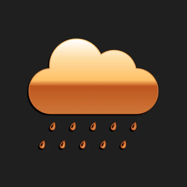 Złota chmura z ikoną deszczu na czarnym tle. Deszcz nimbus chmury opadów z kroplami deszczu. Długi styl cienia. Wektor — Wektor stockowy
