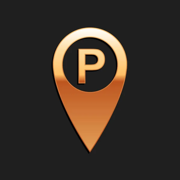 Puntero Gold Map con icono de aparcamiento aislado sobre fondo negro. Estilo de sombra larga. Vector — Vector de stock
