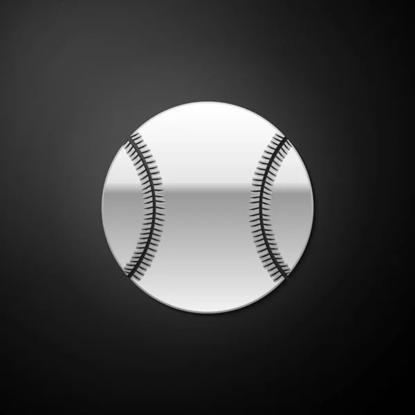 실버 야구볼 아이콘은 검은 배경에 분리되어 있습니다. 긴 그림자 스타일. Vector — 스톡 벡터