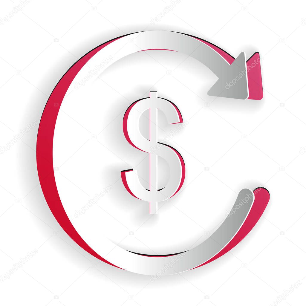 Paper cut Refund money icon isolated on white background. Financial services, cash back concept, money refund, return on investment, currency exchange. Paper art style. Vector