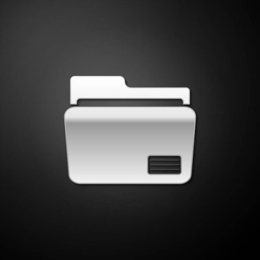 Siyah arkaplanda gümüş dosya simgesi izole edildi. Muhasebe klasörü sembolü. Muhasebe yönetimi. Uzun gölge tarzı. Vektör.