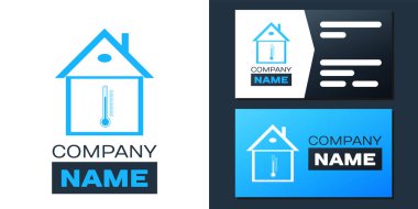 Beyaz arka planda logotype House sıcaklık simgesi izole edildi. Termometre simgesi. Logo tasarım şablonu elemanı. Vektör.
