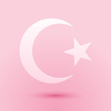 Kağıt kesiği Yıldız ve Hilal - pembe arka planda izole edilmiş İslam ikonunun sembolü. Din sembolü. Kağıt sanatı tarzı. Vektör.