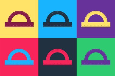 Renk arkaplanında izole edilmiş derece simgesini ölçmek için Pop Art Protektör ızgarası. Eğim ölçer. Ölçme aleti. Geometrik sembol. Vektör.