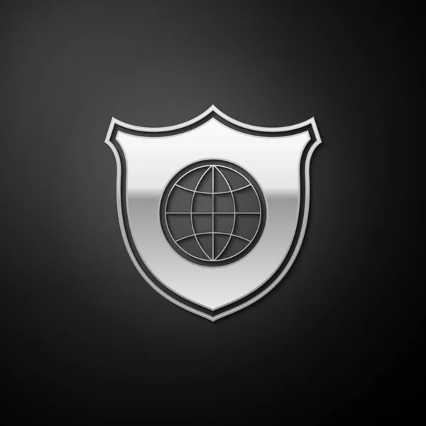 Silbernes Schild Mit Weltkugelsymbol Isoliert Auf Schwarzem Hintergrund Sicherheit Sicherheit — Stockvektor