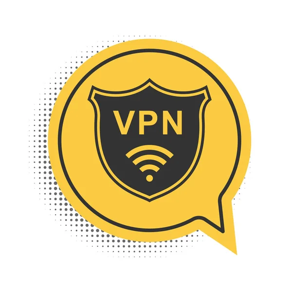 白の背景に隔離されたVpnとWifiワイヤレスインターネットネットワークアイコンとブラックシールド Vpnは安全を保護します セキュリティのための仮想プライベートネットワーク 黄色のスピーチバブルシンボル ベクトル — ストックベクタ