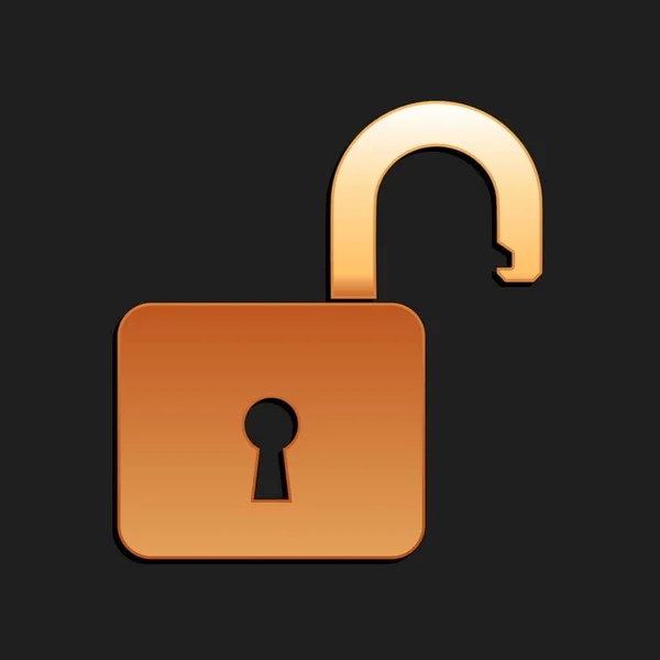 黒の背景に隔離されたゴールドオープン南京錠アイコン 鍵が開いてる サイバーセキュリティの概念 デジタルデータ保護 安全性 長い影のスタイル ベクトル — ストックベクタ