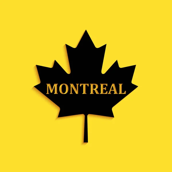 黒系カナダ人のカエデの葉で 黄色の背景にモントリオールのアイコンが孤立しています 長い影のスタイル ベクトル — ストックベクタ