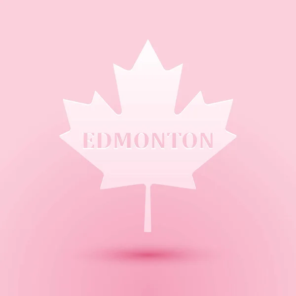 纸切割加拿大枫叶与城市名埃德蒙顿图标孤立在粉红色的背景 造纸艺术风格 — 图库矢量图片