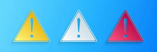 Ausrufezeichen Dreieck Isoliert Auf Blauem Hintergrund Gefahrenwarnzeichen Vorsicht Achtung Gefahrenwarnung — Stockvektor