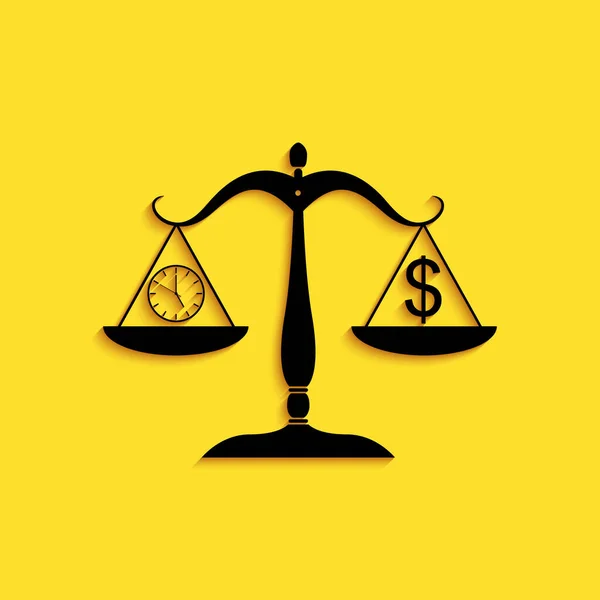 ブラックスケール黄色の背景に隔離されたお金と時間のアイコンを計量 時間とコイン付きのスケール 仕事と与えられた時間のバランス 長い影のスタイル ベクトル — ストックベクタ