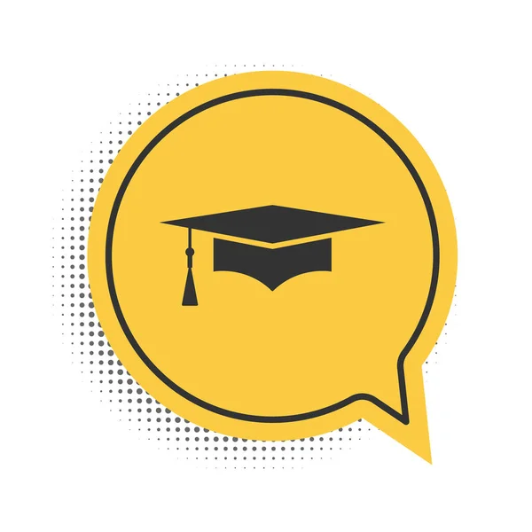 黑色毕业帽图标孤立在白色背景 有花生酱图标的毕业帽 黄色的语音泡沫符号 — 图库矢量图片