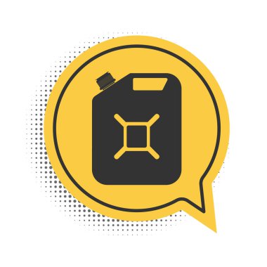 Beyaz arka planda izole edilmiş benzin ikonu için siyah tüp. Dizel gaz ikonu. Sarı konuşma balonu sembolü. Vektör.