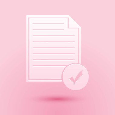 Kağıt kesme Belgesi ve pembe arkaplanda izole edilmiş işaret simgesi. Kontrol listesi simgesi. İş konsepti. Kağıt sanatı tarzı. Vektör.