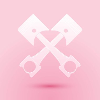 Kağıt kesiği Pembe zemin üzerinde iki çapraz motor pistonu simgesi izole. Kağıt sanatı tarzı. Vektör.