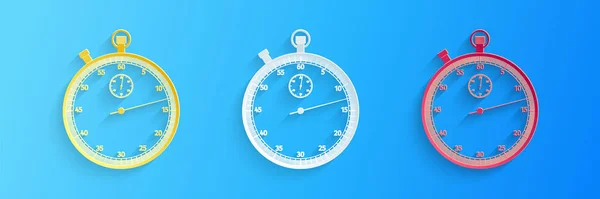 Paper Cut Classic Stopwatch Icon Isolated Blue Background Timer Icon — Stock Vector