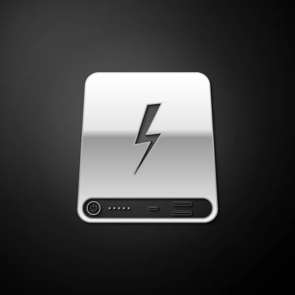 Silver Power Bank Symbol Isoliert Auf Schwarzem Hintergrund Tragbares Ladegerät — Stockvektor