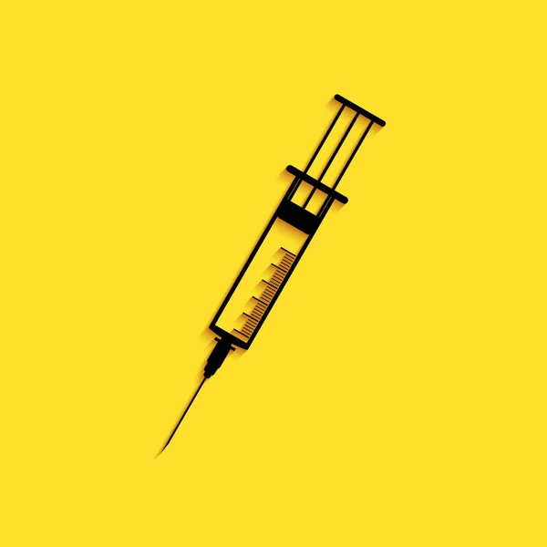 Czarna Ikona Strzykawki Wyizolowana Żółtym Tle Sygnał Strzykawki Szczepionki Szczepienia — Wektor stockowy