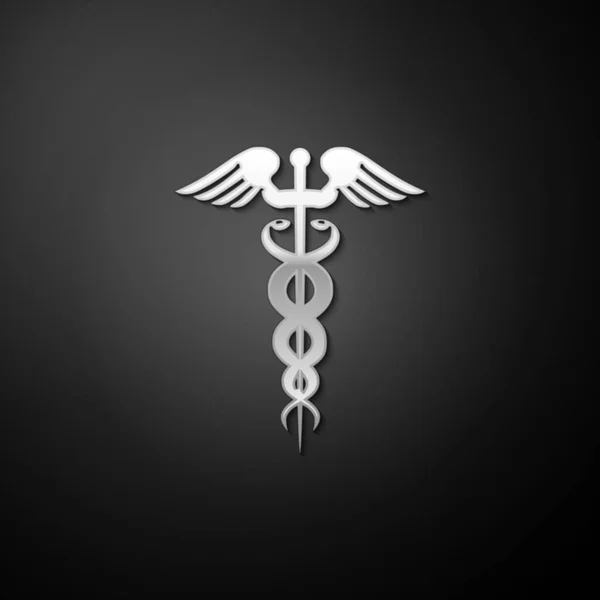 银卡杜西乌斯医疗符号图标孤立在黑色背景 医疗和保健概念 药店或药物的标志 药用蛇 长影子风格 — 图库矢量图片