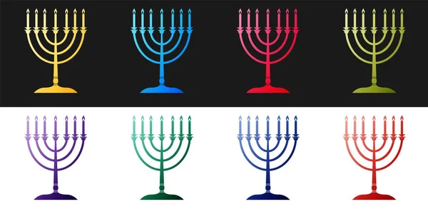 Stel Hanukkah Menorah Pictogram Geïsoleerd Zwart Wit Achtergrond Religie Icoon — Stockvector