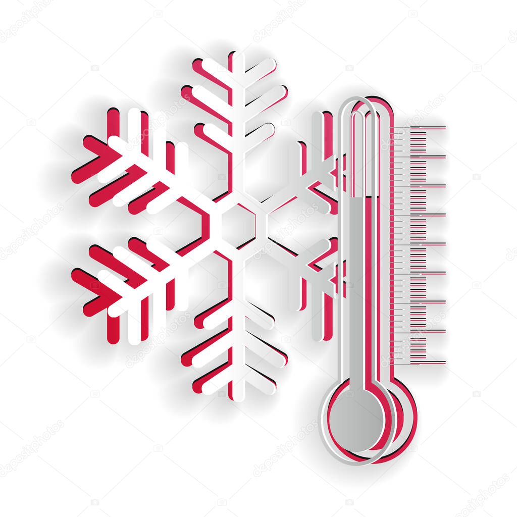 Paper cut Thermometer with snowflake icon isolated on white background. Paper art style. Vector.