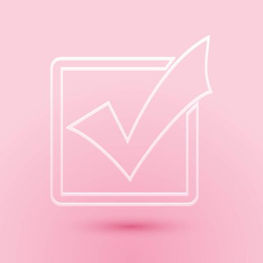 Pembe arka planda izole edilmiş bir kutu satırı simgesindeki kağıt kesiği işaretleri. Kene sembolü. Kontrol listesi düğmesi işareti. Kağıt sanatı tarzı. Vektör.