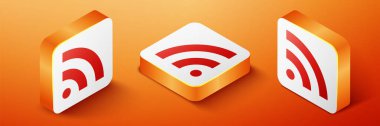 Isometric RSS simgesi turuncu arkaplanda izole edildi. Radyo sinyali. RSS besleme sembolü. Turuncu kare düğme. Vektör.