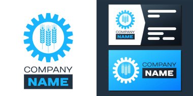 Beyaz arka planda logot tipi buğday ve dişli simgesi izole edildi. Mısır gevreği ve endüstriyel vitesli tarım sembolü. Endüstriyel ve tarım. Logo tasarım şablonu elemanı. Vektör.
