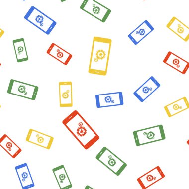 Akıllı telefon ekran simgesi üzerindeki renk ayarları beyaz arkaplanda izole edilmiş kusursuz desen. Cep telefonu ve teçhizat. Uygulama ayarlanıyor, seçenekler belirleniyor, tamir ediliyor, telefon kavramlarını düzeltiliyor. Vektör.