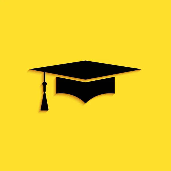 Black Graduation Cap Icon Isolated Yellow Background Graduation Hat Tassel — Stock Vector