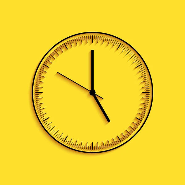 黑色时钟图标孤立在黄色背景上 时间图标 长影子风格 — 图库矢量图片