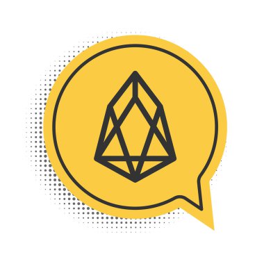 Beyaz arkaplanda siyah kripto para EOS simgesi izole edildi. Madeni para. Dijital para birimi. Engelleme zinciri tabanlı şifreli para birimi. Sarı konuşma balonu sembolü. Vektör.