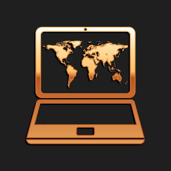 Gold Laptop Mit Weltkarte Auf Dem Bildschirm Symbol Isoliert Auf — Stockvektor
