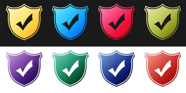 Set Shield Check Mark Icon Isolated Black White Background Vector — Stock Vector