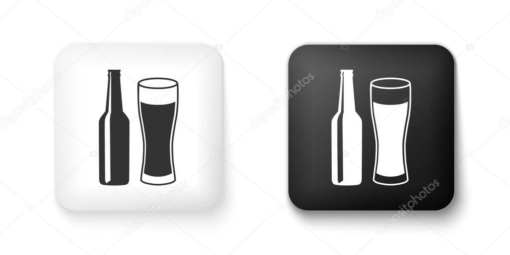Black and white Beer bottle and glass icon isolated on white background. Alcohol Drink symbol. Square button. Vector.