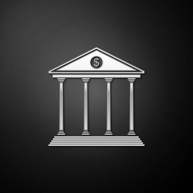 Silver Bank binasının simgesi siyah arka planda izole edildi. Uzun gölge tarzı. Vektör.
