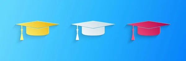 Corte Papel Icono Tapa Graduación Aislado Sobre Fondo Azul Sombrero — Vector de stock