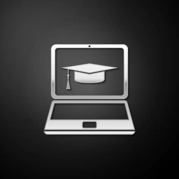 Silver Graduation Čepice Notebook Ikona Izolované Černém Pozadí Online Učení — Stockový vektor